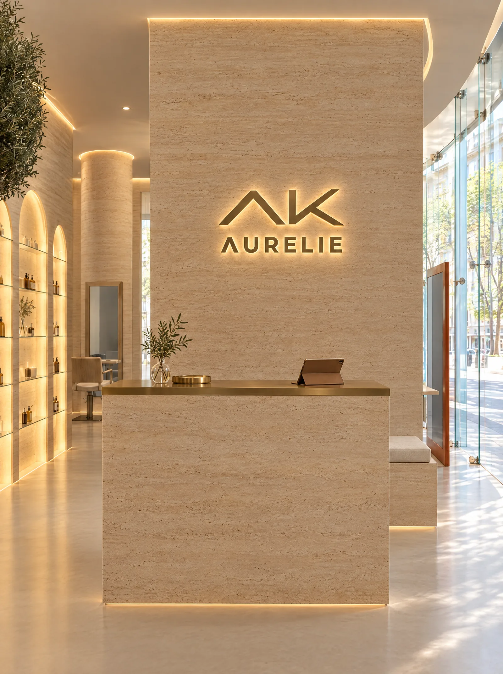 L'accueil du salon : le logo AK AURELIE en laiton rétroéclairé, au-dessus du comptoir de travertin