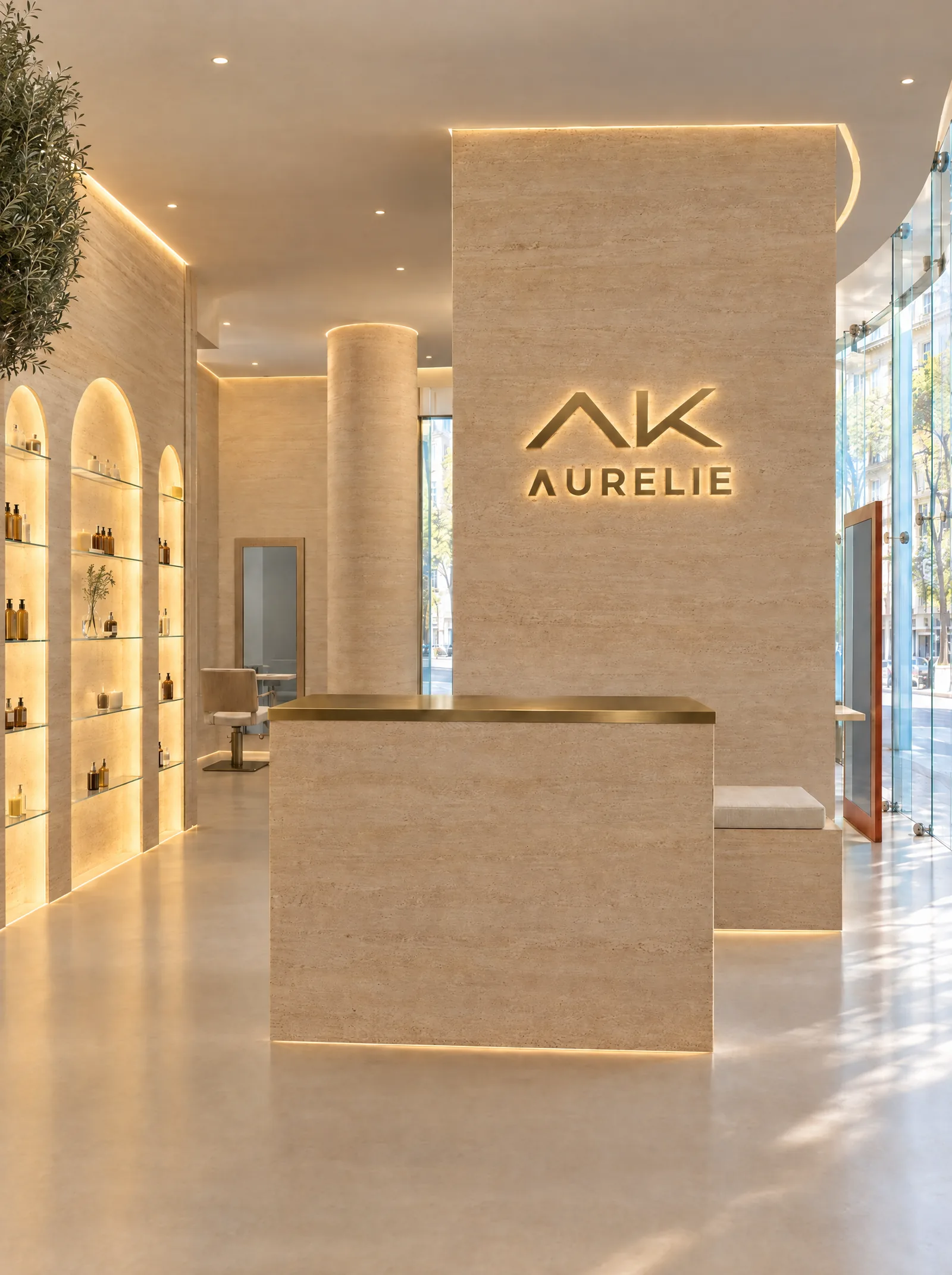 Le salon AK Coiffure : l'accueil, le logo AK AURELIE et les niches éclairées